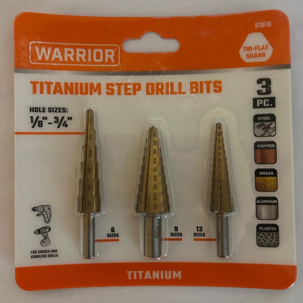 Warrior 3 Pc Titanium Step Drill Bits Set 1/8 to 3/4 Inch Tri-Flat Shank 91616